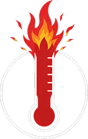 Thermometer illustration inside of circle showing high temperature with flames bursting out